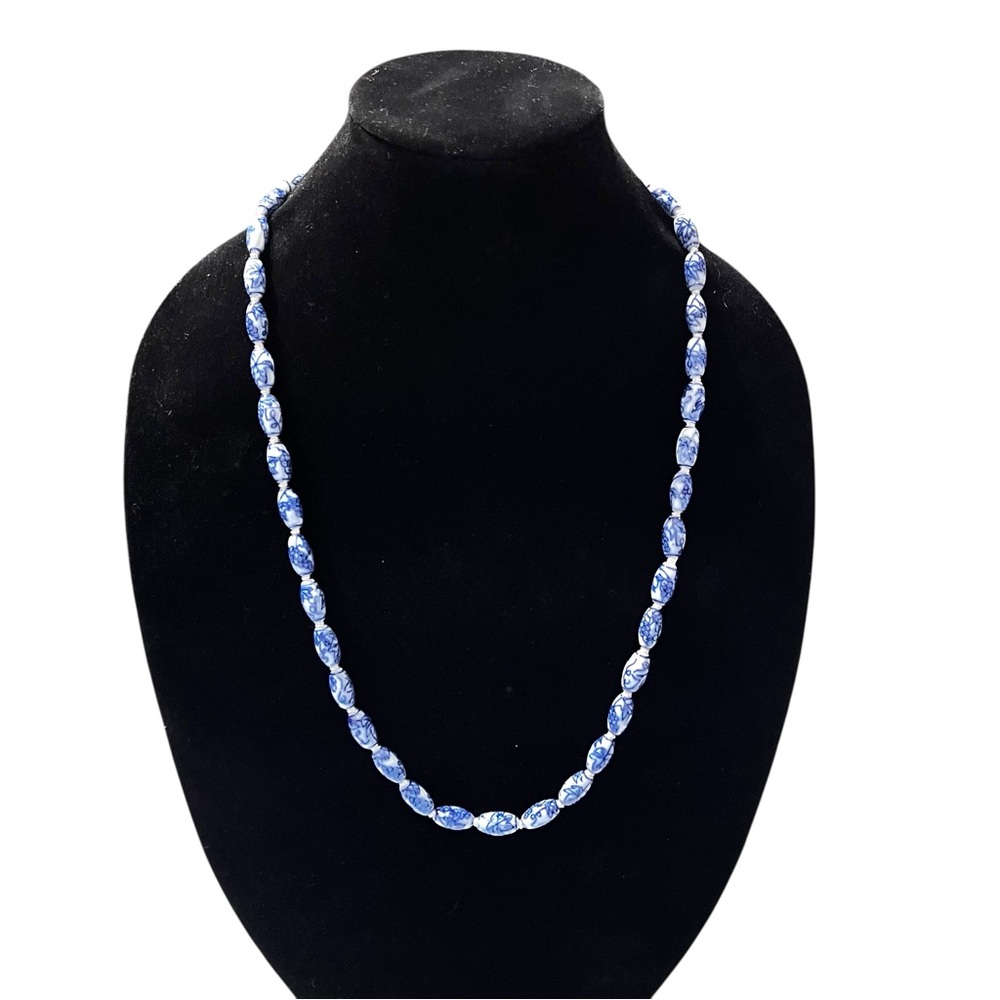 Vtg 925 Blue & White Hand Painted Knotted Porcelain Oriental Beaded Necklace 28”